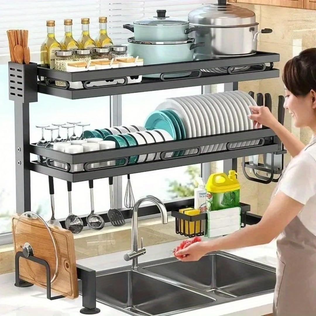 3-Tier Over Sink Dish Draining Rack Adjustable Width and Height with Phone Holder Cup Holder, Knife and Chopstick Holder, Cutting Board Rack, Space-Saving Rack, 33l X 11.8w X 33h Inches