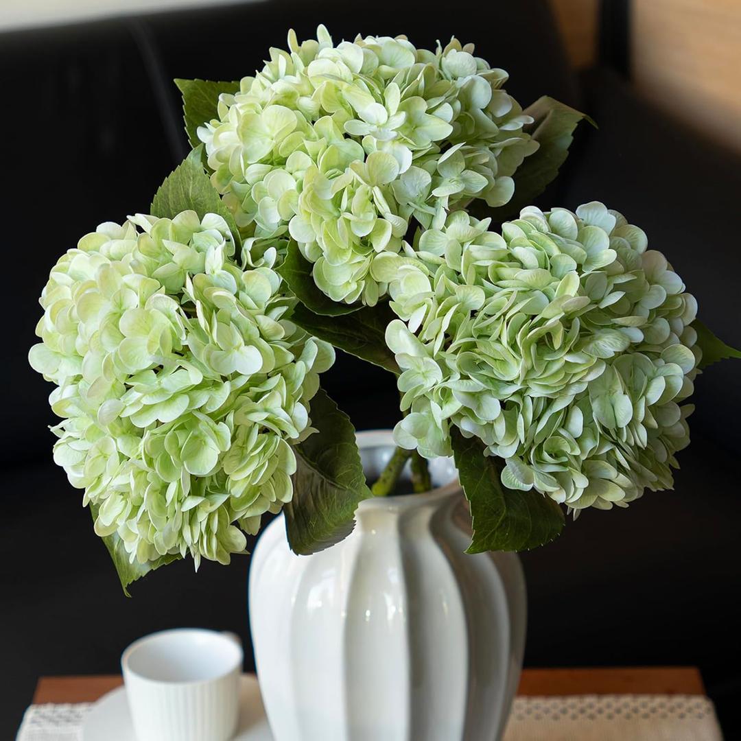 DUYONE 22" Real Soft Touch Hydrangea Artificial Flowers Realistic,Large Long Stem Fake Flowers Full Latex Faux,Wedding Bouquet,Party Home Decor,Garden Office Room Table Centerpieces Light Green 3Pcs