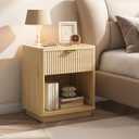 Fluted Nightstand Charging Station,Wood Modern Night Stands Storage Cabinet for Bedroom,Oak Bedside Table with Drawers