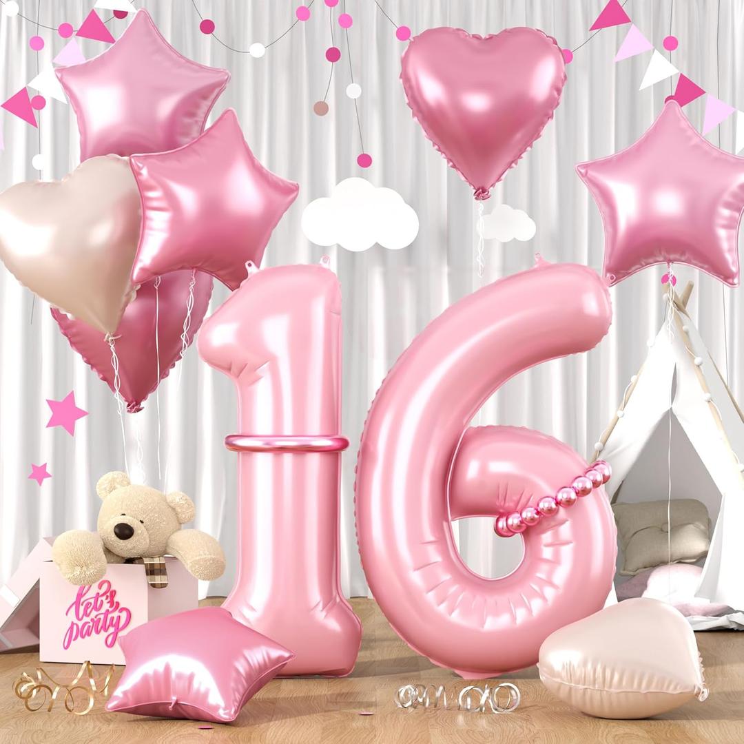 Pastel Pink 16 Balloons, Baby Pink 16 16th Number Balloons Set, Pink Foil Star Heart Balloon With Long Balloon For Girls Women 16th 6th 16 61 Years Old Birthday Party 1st Baby Shower Decoration