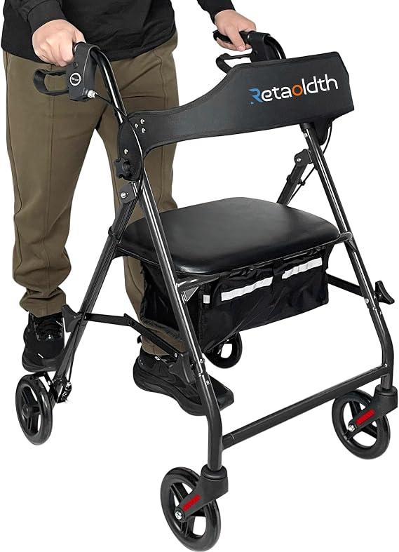 Retaoldth Foldable Rollator Walker with Seat for Seniors, Easy Folding
One-Hand Carry, 6" All-Terrain Wheels, Handle Height Adjustable,Lightweight Rolling Walker for Elderly, Black