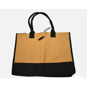 Cotton Canvas Shopping Tote Bag Grocery Carry Case Black/Beige w Elastic Close