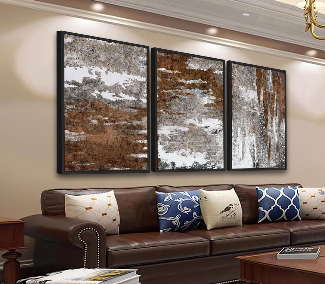 Large Framed Canvas Wall Art - Rustic Brown and White Abstract Pictures for Living Room Aesthetic Vintage Wall Decor Retro Prints for Bedroom Dinning Room Black Float Framed 16" X 24" X 3 pcs