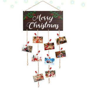 Christmas Card Holder, Merry Christmas Wooden Hanging Picture Holders, Xmas Card Display with 30 Photo Clips, Xmas Holiday Card Photo Holder Merry Christmas Sign (Brown, Merry Christmas)