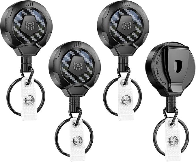 MNGARISTA Upgraded Heavy Duty Retractable Keychain with Belt Clip, 10 OZ Retraction, 31.5" Stainless Steel Cord Key Chain, 3K Carbon Fiber ID Badge Reel Holder with Badge Strap and Key Ring, 4 Pack