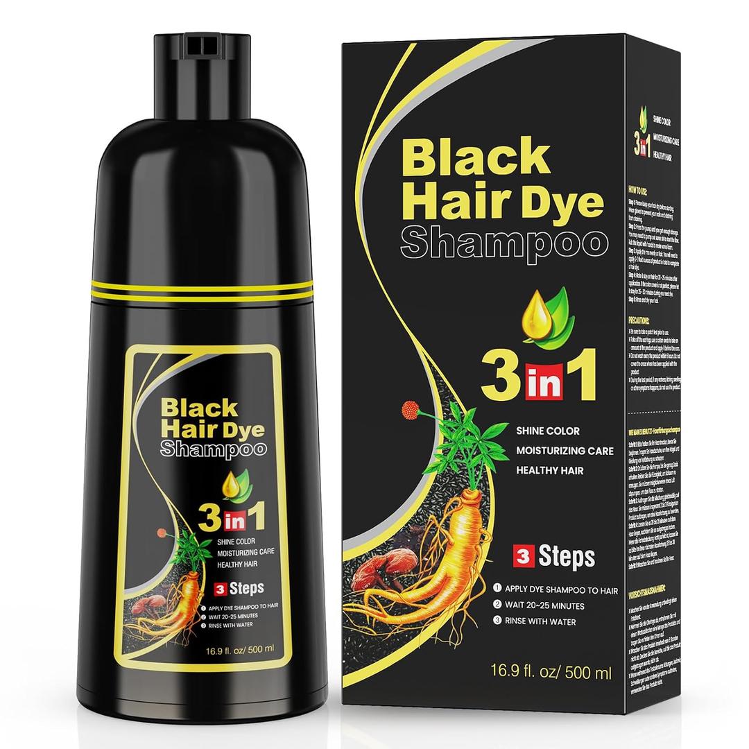 KAISASA Black Hair Dye Shampoo 3 in 1 for Gray Hair, Hair Color Shampoo for Women Men Grey Hair Coverage 500ml (Black)