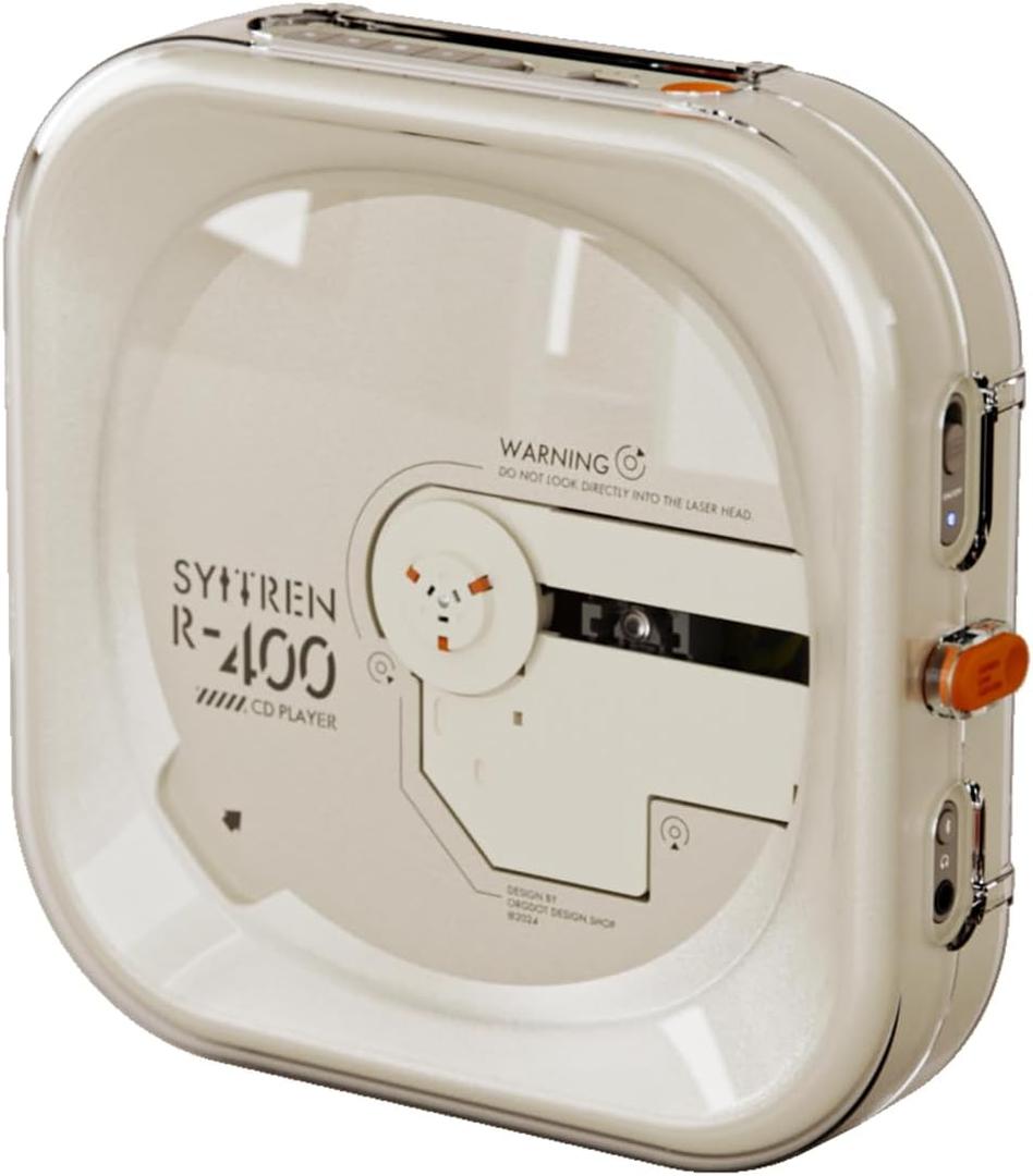Syitren R400 Vintage CD Player with Bluetooth,Retro Portable CD Players, Without Speakers, Rechargeable Battery, Removable Protective case, Festival Gift, White