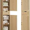 Iwell Tall Narrow Storage Cabinet with 1 Drawer and 2 Doors, Fluted Cabinet with Adjustable Shelves, Rattan Kitchen Cabinet for Bathroom, Living Room, Kitchen, Natural Oak, 67"H