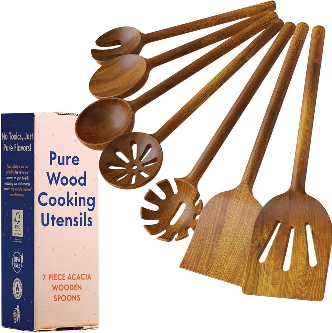 Non-Toxic Wooden Spoons for Cooking 7-Piece Kitchen Utensils Set, Glue-Free & One-Piece Cooking Utensils, Natural Wooden Utensil Set with Plant-Based Finish, Free of Forever Chemicals