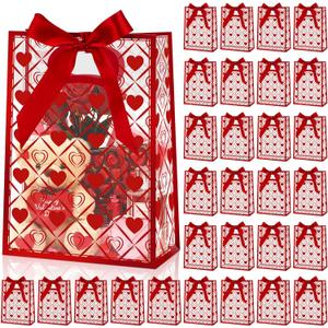 Hillban 30 Pack Clear Valentine's Day Plastic Gift Bags with Ribbons Heart Treat Bags with Die Cut Transparent PVC Tote for Gift Wrapping Wedding Birthday Party Favors, 10x7x3.15 Inch (Festive)