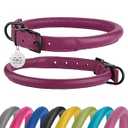 Rolled Leather Dog Collar Soft Round Collars, ID Tag for Small Medium Large Dogs (14-17 inch, Pink Berry)