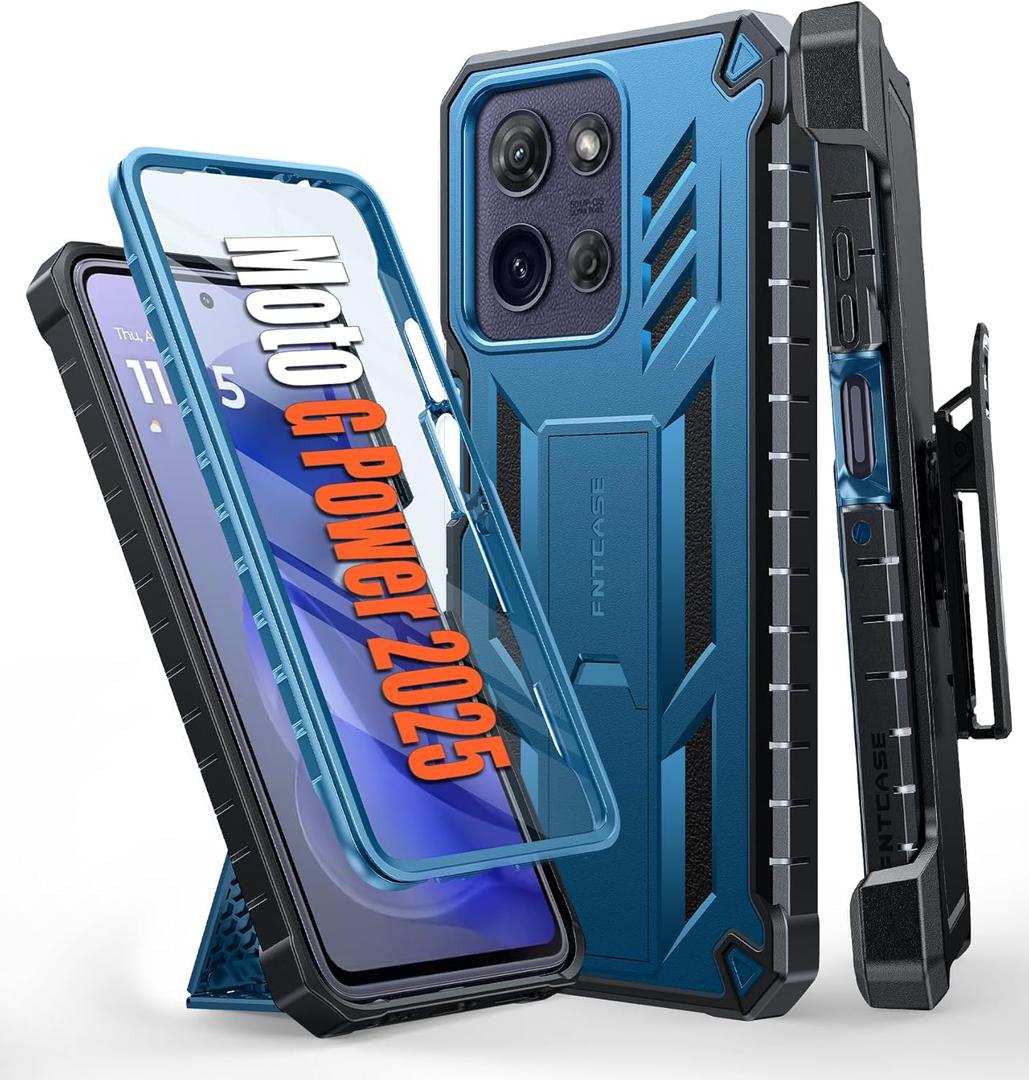 FNTCASE for Motorola Moto G-Power-5G-2025 Case: Military Grade Rugged Cell Phone Cover with Kickstand & Belt Clip Holster | Shockproof TPU Protection Bumper Matte Textured Heavy Duty Protector (Blue)