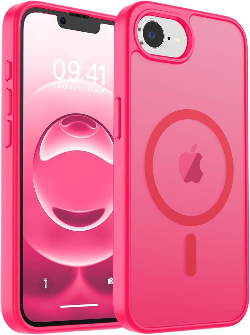 Magnetic for iPhone 16e Case, [Compatible with MagSafe] [Military Grade Drop Protection] Translucent Matte Shockproof Anti-Scratch Phone Case, Hot Pink