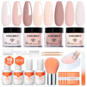 Modelones Dip Powder Nail Kit Starter Set, 4 Colors 19pcs Dip Powder Liquid Set White Nail Nude Pink Dipping Powder Set with Top & Base Coat/Activator/Powder Brush/Recycling Tray for Nails Manicure