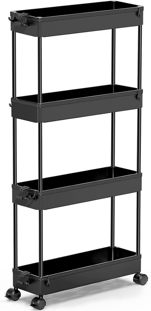 SPACEKEEPER Slim Rolling Storage Cart 4 Tier Bathroom Organizer Cart Mobile Shelving Unit Slide Out Utility Cart for Kitchen, Bthroom, Makeup, Craft, Laundry Narrow Places, Black