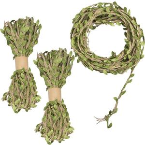 YuCool 98 Feet 5MM Burlap Leaf Ribbon, Natural Wall Hanging Jute Vine Twine with Artificial Green Leaves for Rustic Wedding,Home,Garden,Jungle Party Decorations and DIY Crafts Decor(3 Rolls)