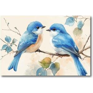 CHAOSETKEN Blue Bird Canvas Wall Art Love Birds Picture Two Couple Birds on Tree Branch Poster Prints Romantic Animals Couple Pictures Unframed (12L x 18W)