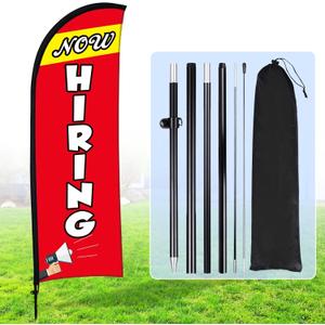 Buryeah Now Hiring Feather Flag Set Swooper Flag Signs Advertising Feather Now Hiring Banner with Poles and Ground Spike for Business Promotion, 7 x 5.4 ft(Red)