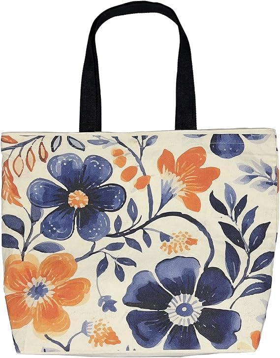 Large Tote Bag for Women, Floral Grocery Tote with Snap Thick Canvas Both Side Pattern, Gift Daily Use Shopping Travel Picnic