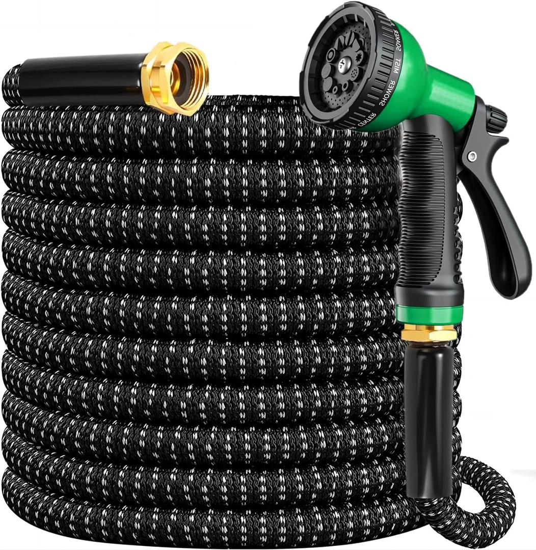 Garden Hose 100 ft, 2028 New No Kink Expandable Water Hose 100ft, 10 Function Nozzle, Leak-proof Solid Metal Fittings, 3750D Outer Fabric, Durable Collapsible Latex Core, Ultra Lightweight & Flexible