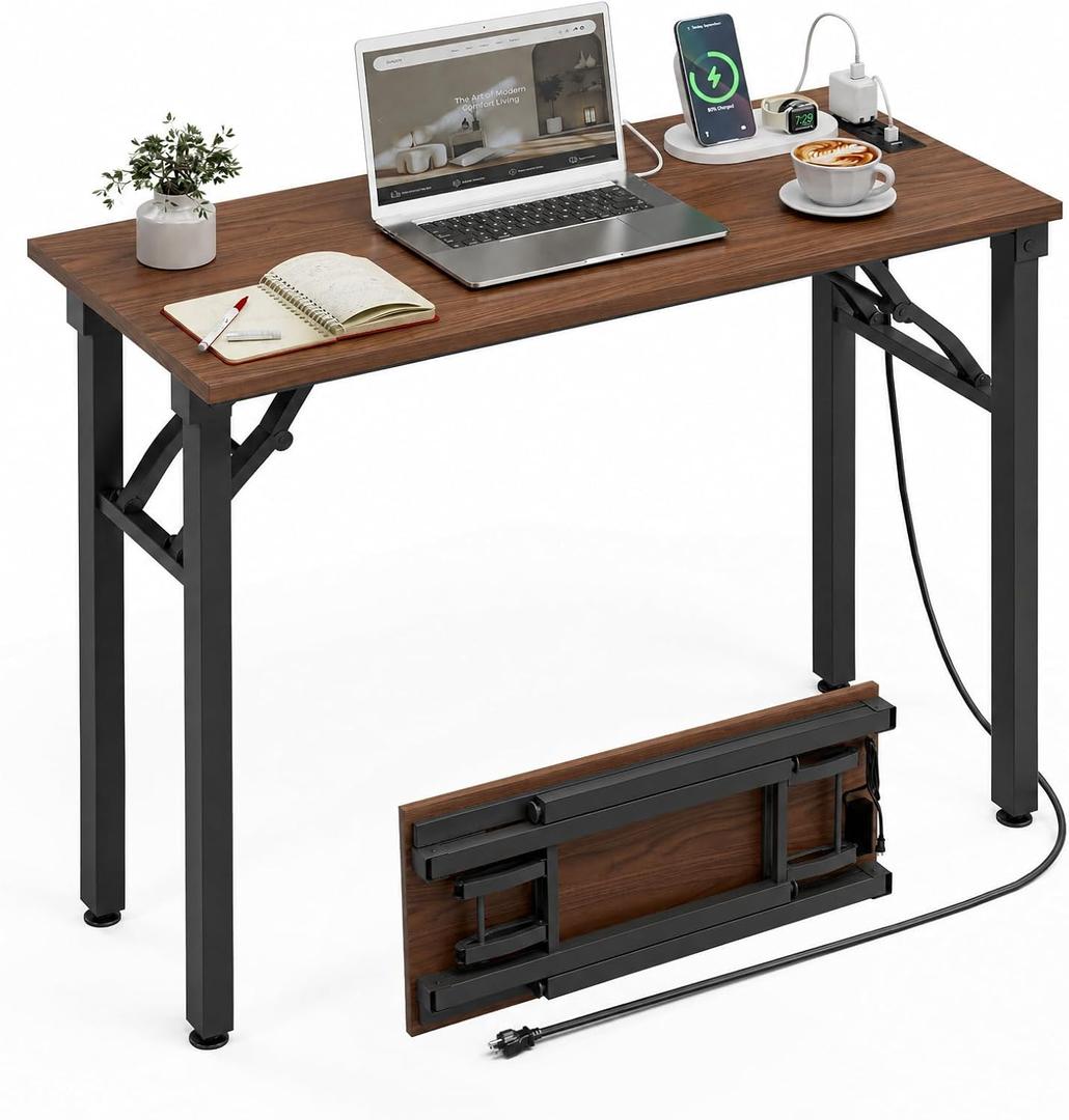 XBurmo Small Folding Desk Folding Table, No Assembly Foldable Desk Gaming Desk, 35.8-Inch Computer Table Workstation with 2 AC Outlets and 2 USB Ports for Bedroom and Home Office, Dark Walnut, 35.8 x 15.7 Inch