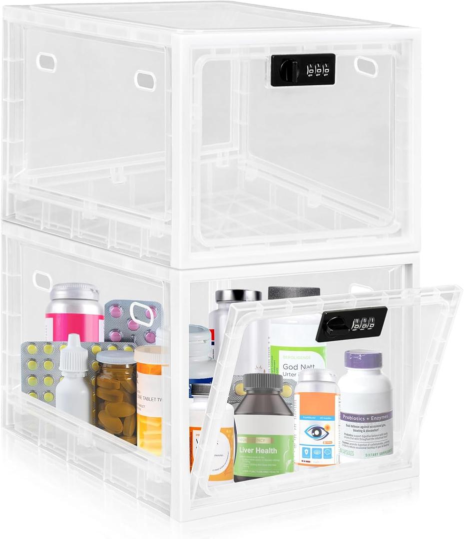 Gemaxvoled 2 Pack Medicine Lock Box, Large Capacity Premium Material Lockable Storage Bin Organizer Box with Combination Code for Safe Medication/Fridge Food/Snacks/Phone/Tablet Jail(White)