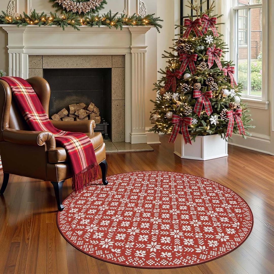 jinchan Knit Look Round Christmas Rug for Entryway Bedroom 4ft Red Holiday Rug for Living Room Snowflake Printed 4' Xmas Decor Washable Indoor Carpet for Foyer Non-Slip Ivory on Red