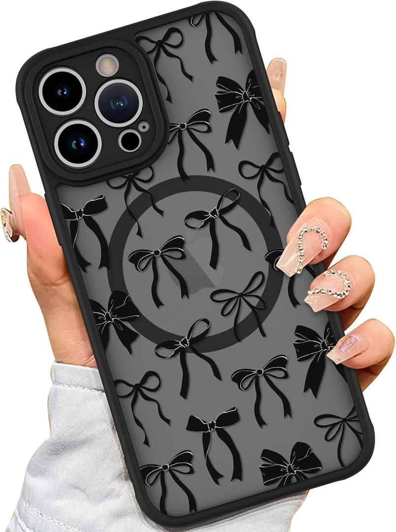 AIGOMARA Case for iPhone 14 Pro Max [Compatible with MagSafe] Black Ribbon Bow Pattern Design Soft TPU Bumper Hard PC Back Anti-Fall Shockproof Protective Slim Magnetic Cover for Women Girls