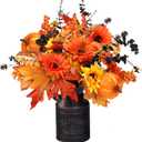 Sggvecsy Artificial Fall Flowers 2 Pcs Floral Arrangement with Metal Pot Fake Floral Stems Autumn Maple Leaves Branches Fall Silk Bouquets with Pumpkins Sunflower for Thanksgiving Home Table Decor