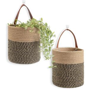 Goodpick 2pack Jute Rope Hanging Basket - 7.87" x 7" Small Woven Fern Wall Hanging Basket Flower Plants, Woven Storage, Black and Jute