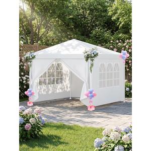 COBIZI 10x10FT Party Tent with 4 Sidewalls, Lightweight Single-Use Canopy, White - [Not Wind-Resistant, Please Consider Carefully]