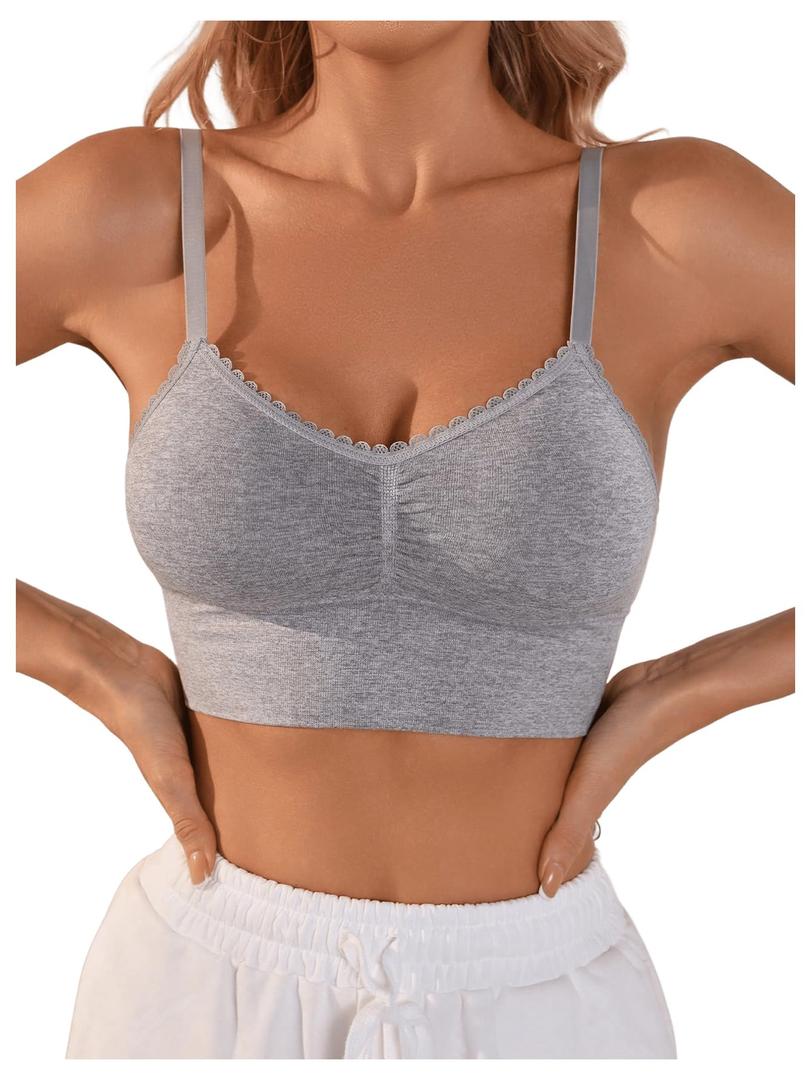 SOLY HUX Women's Lace Trim Adjustable Spaghetti Strap Wireless Cami Bras (Gray, M)