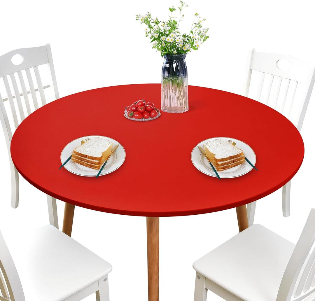 NEWISHER Round Fitted Table Cover Spandex Stretch Tablecloth Red Table Top Cover with Elastic Edged for Dining Picnic Patio 48 inch