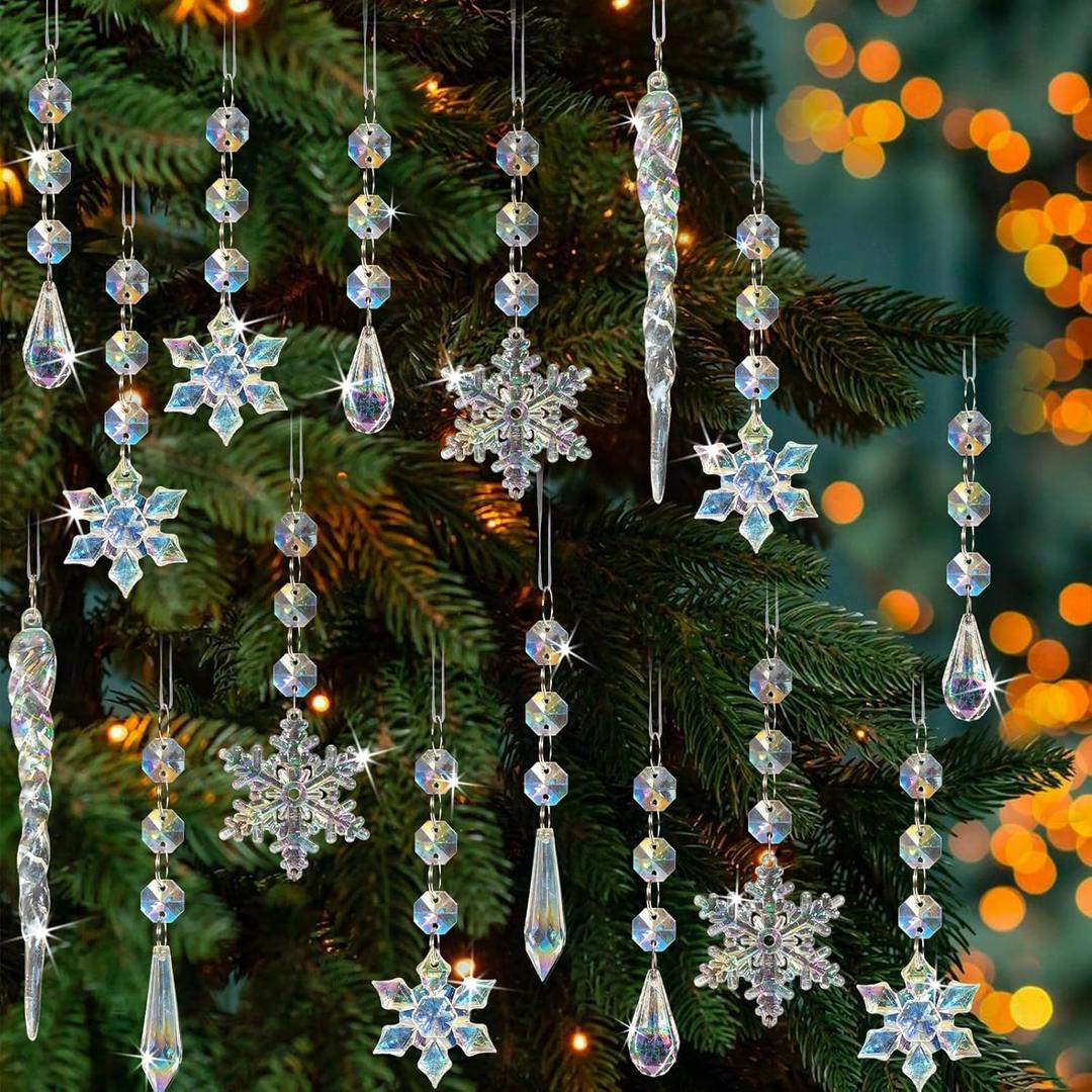 Christmas Tree Decorations Crystal Ornaments  18pcs Iridescent Christmas Ornaments Acrylic Snowflakes Icicle Drop Crystal Hanging Ornaments for Xmas Tree Winter Holiday Frozen Party Decorations