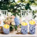Tujoe 3 Pcs Chinoiserie Flameless Candles Blue and White Battery Operated Candles Blue White Floral Printed Faux Candles with Remote Timer for Wedding Garden Festive Home Party Decoration