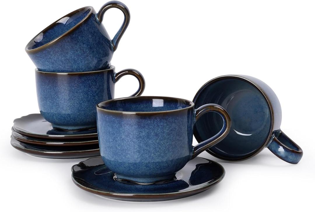 Ceramic 3.7oz Coffee Mugs Set of 4, Coffee Cups with Saucers, Cappuccino Cups with Saucers, Porcelain Coffee Mugs for Tea, Latte, Espresso (Blue)