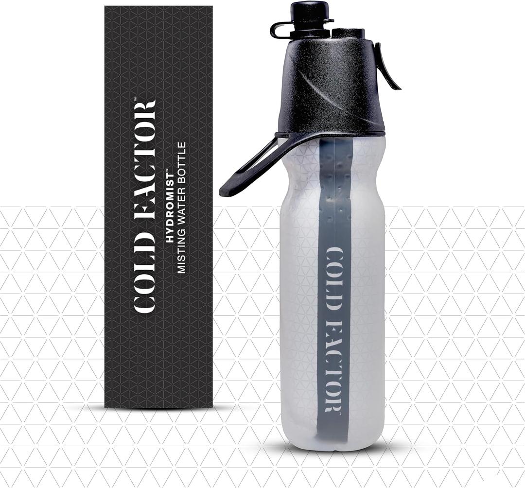 COLD FACTOR Dual-Action Misting Water Bottle 20 oz (Black/White) | Insulated & Leak-Proof | BPS-Free with Cooling Spray Feature | Ideal for Sports, Fitness, Work & Outdoor Activities (Black Hex)
