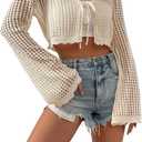 SHENHE Women's Crochet Cardigan Tie Front Tops Boho Bell Long Sleeve Lightweight Cover Up (Beige, M)