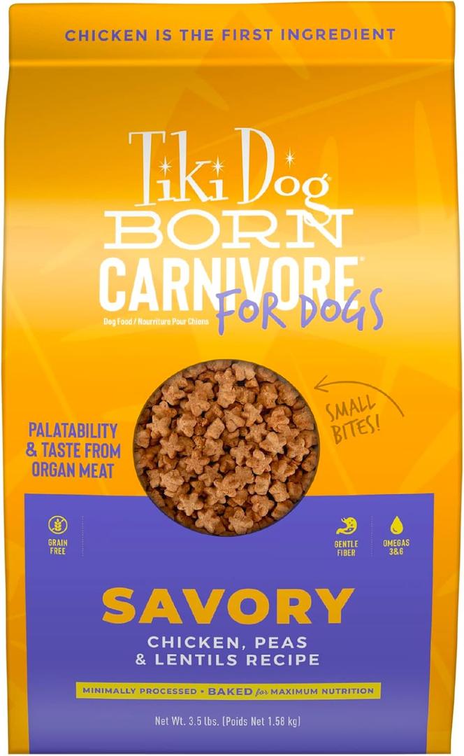 Tiki Dog Born Carnivore for Dogs, Savory Chicken, Peas & Lentils Recipe, Grain Free Baked Kibble for Maximum Nutrition, For Adult Dogs and All Size Breed Dogs, 3.5 lbs. Bag (EXP 03/08/27)