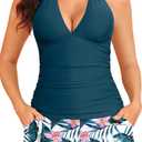 Women's Tankini Swimsuit with Shorts - Halter Two Piece Swimsuit 2025 Tummy Control Bathing Suit with Pockets (Large, Teal Flower)