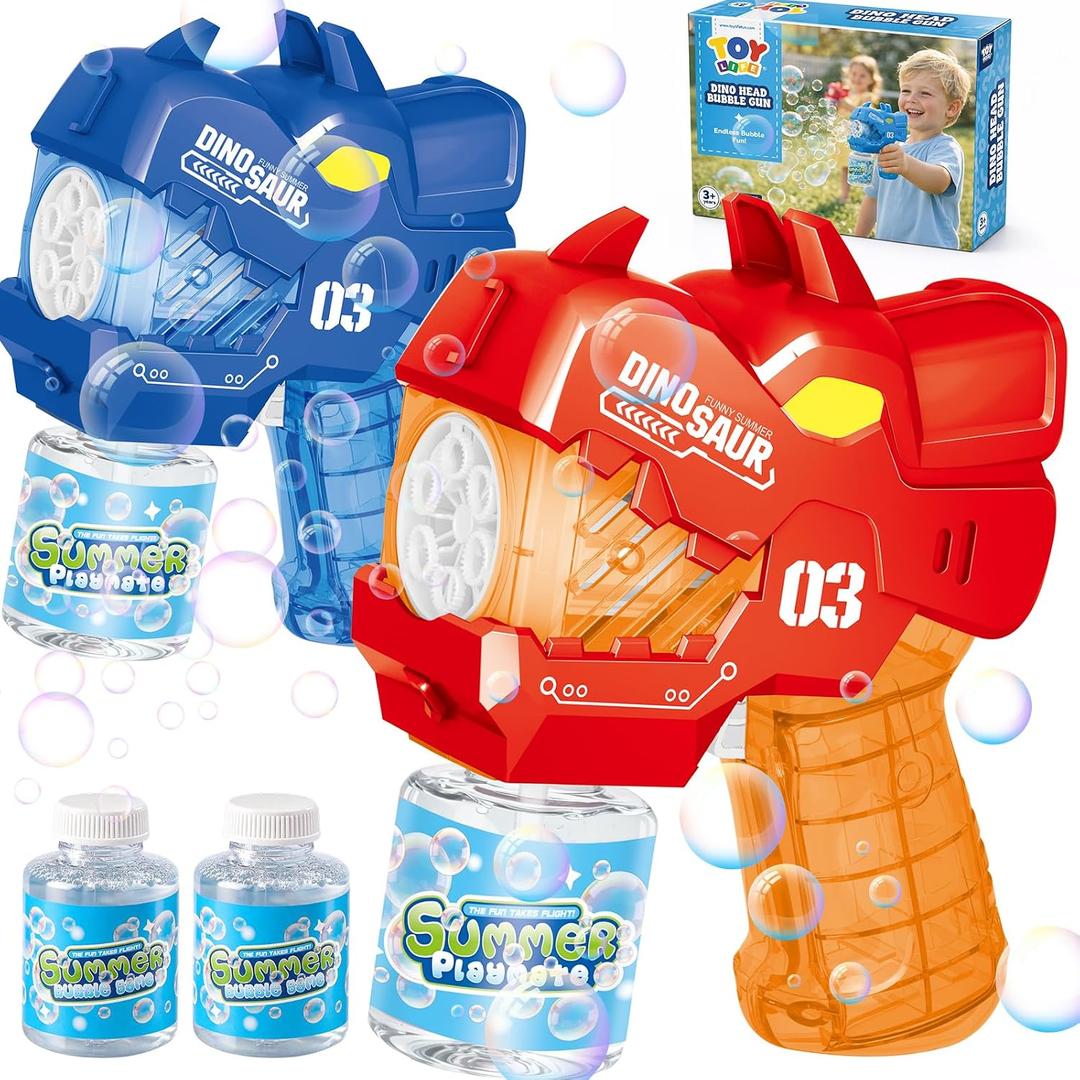 TOY Life Dinosaur Bubble Guns for Kids Ages 4-8, 2 Pack Automatic Bubble Blaster Gun for Toddlers 1-3, Battery Operated Bubble Machine Toys for Boys Girls Dinosaur Bubble Blower (Red & Blue)