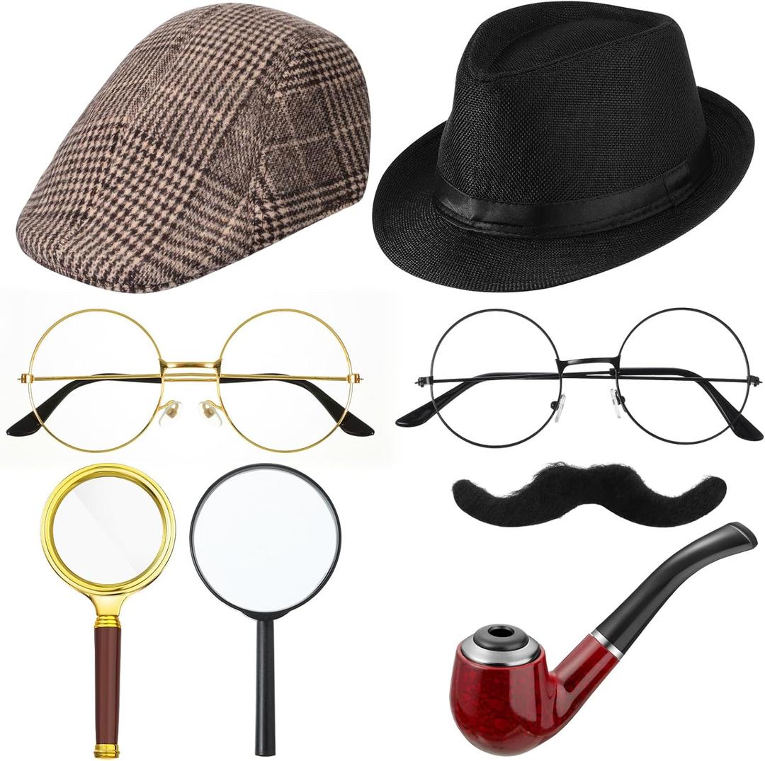 Jeyiour 8 pcs Detective Costume Accessories for Adults Detective Hat Kit Outfit Party Decoration