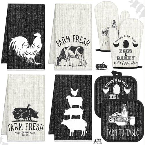 VitalCozy Oven Mitt Set 4 Farmhouse Dish Towels 2 Rustic Square Potholders 2 Decorative Heat Resistant Glove for Cooking Baking Home Gifting