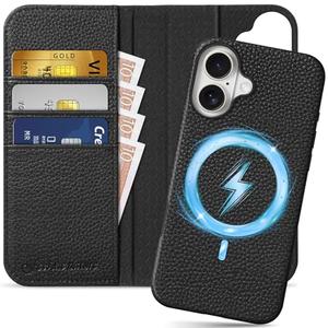 SHIELDON Wallet Case for iPhone 16 Plus 6.7", Genuine Leather 2 in 1 Detachable Folio Magnetic Wireless Charging RFID Blocking Card Holder Kickstand Compatible with iPhone 16 Plus - Pebbled Black