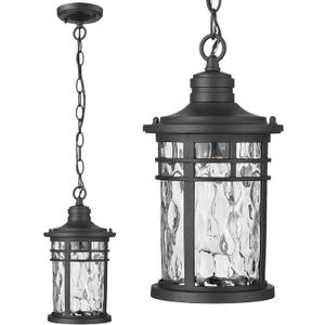Outdoor Pendant Lights for Porch Aluminum Hanging Porch Light with Water Ripple Glass Hanging Lantern for Front Patio Gazebo Foyer or Garage (51 Inch, Black)