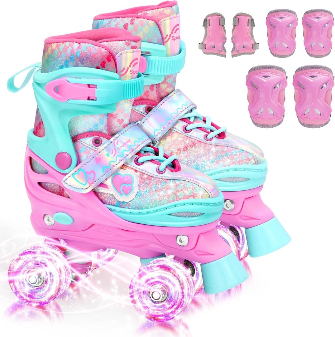 Sportneer Children's Roller Skates with Protective Gear Adjustable Roller Skates with 8 Luminous Wheels for Girls Children Youth Beginners Indoor and Outdoor Use