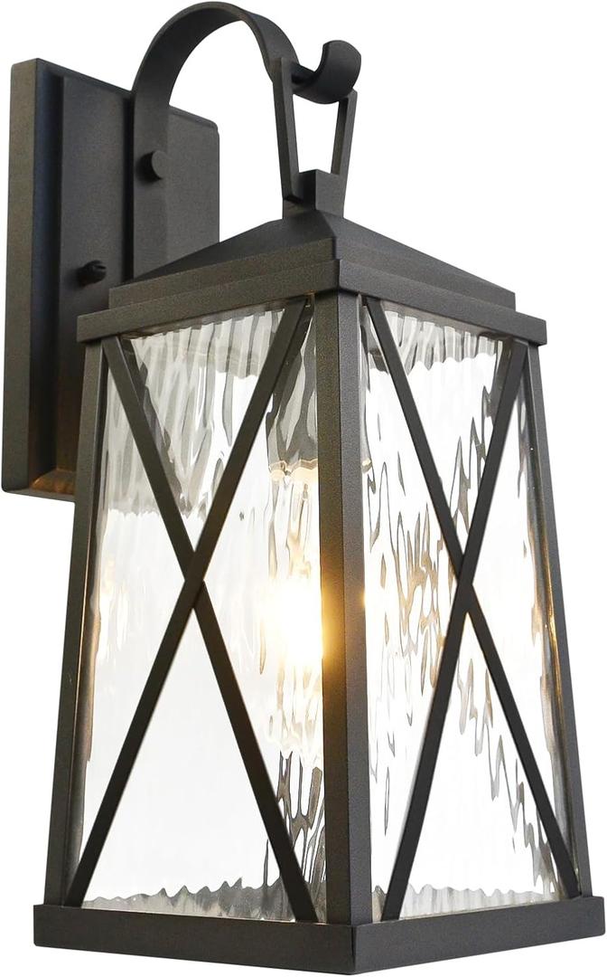 ALVIME Outside Wall Lantern, 17 Inch Black Large Outdoor Sconce Lights, Waterproof Outdoor Wall Lamps, Front Porch Light Fixtures for House Door, Entryway, Garage, E26 Base&Water Ripple Glass, Medium Wall 17-inch