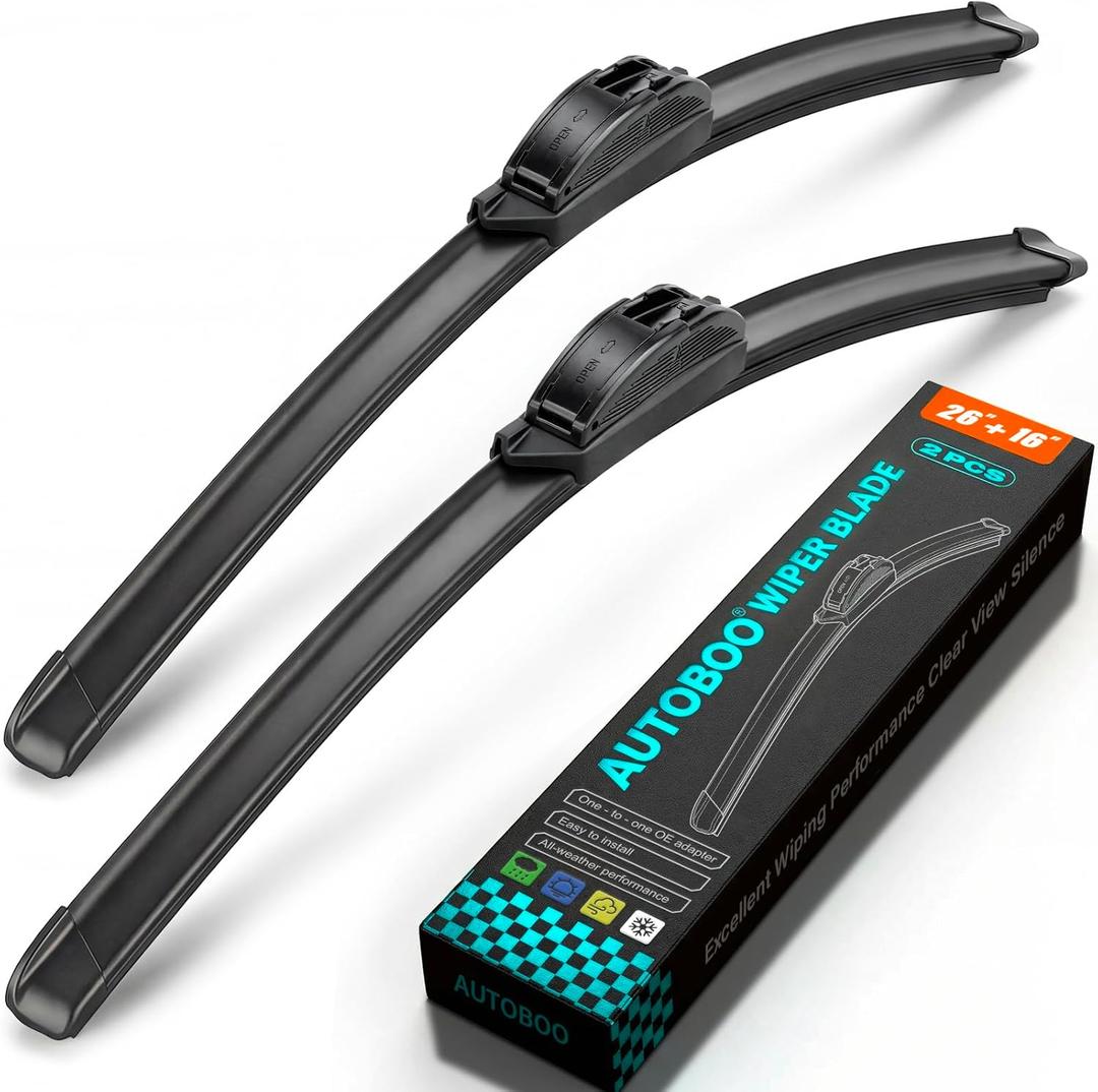 AUTOBOO PLUS 26" + 16" All-Season Windshield Wiper Blades (Pack of 2), Premium OEM-Quality, Rust-Resistant Rubber Encased Design, Streak-Free, Quiet, Smooth & Long-Lasting Performance