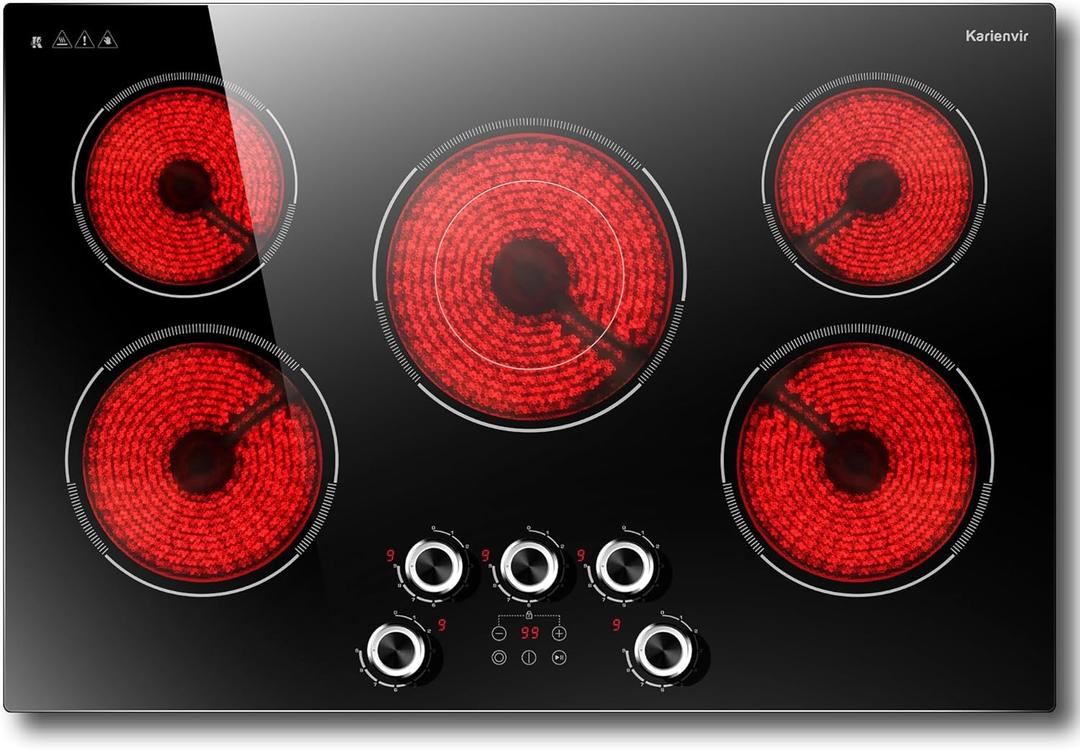 30 Inch Electric Cooktop Karienvir, 5 Burner Cooktop 8500W Built-in Electric Stove Top, Anti-slip Knob & Touch Control, Dual-Ring Burner, 30" Safety Lock, Timer, 220V Hardwired