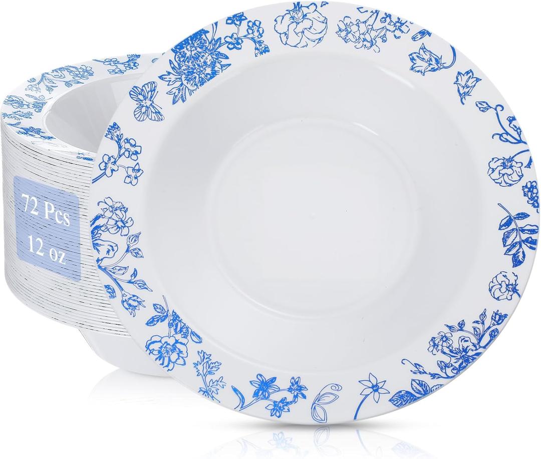 72 Pack Blue Plastic Bowls with Floral Edge, 12oz Disposable Hot Soup Salad Bowls Bulk for Parties Weddings Christmas